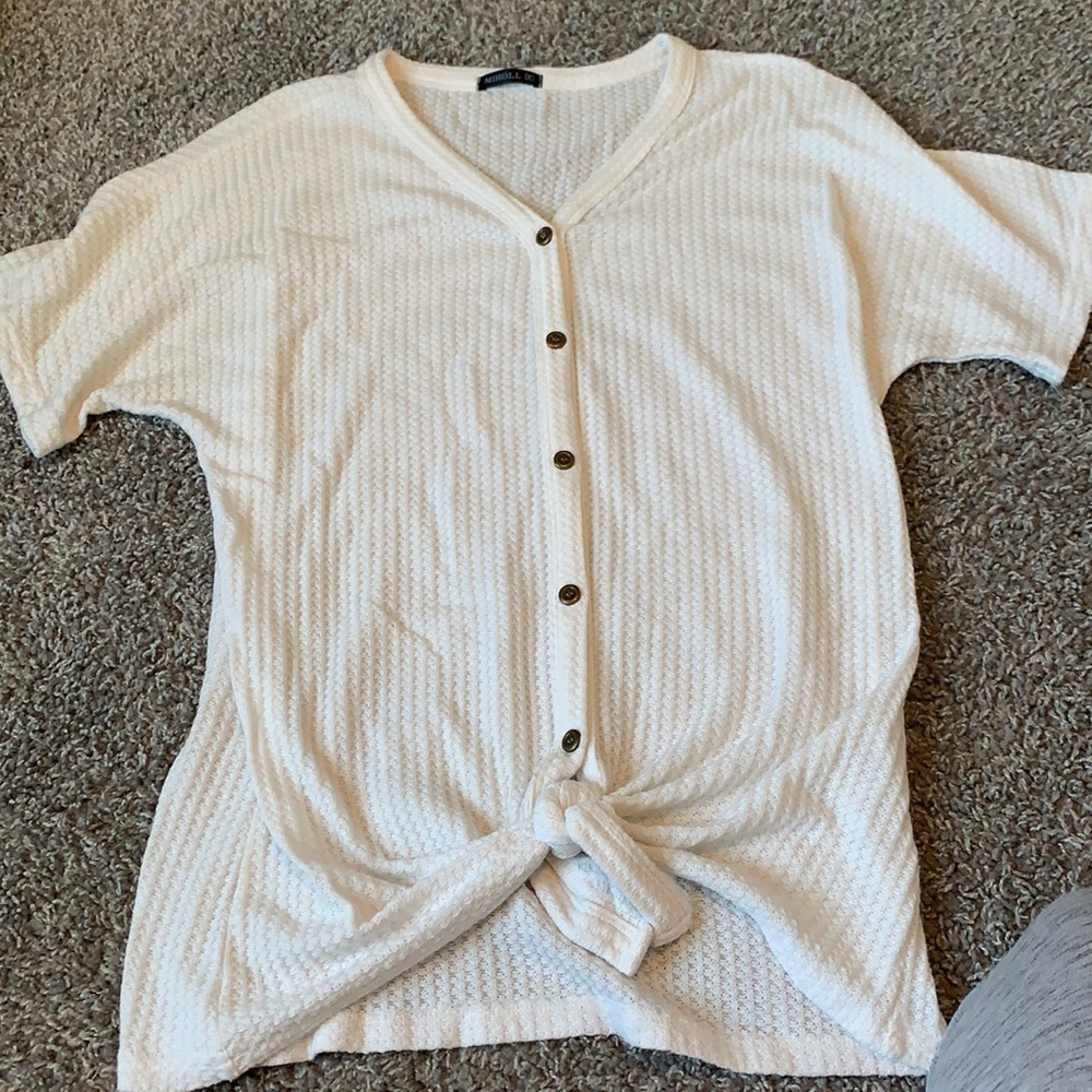White waffle stretch, button down and front tie top!
